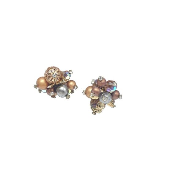Vendome Brown Silver Cluster Bead Earrings Screw Back Closure Gold Tone VTG - Picture 3 of 8